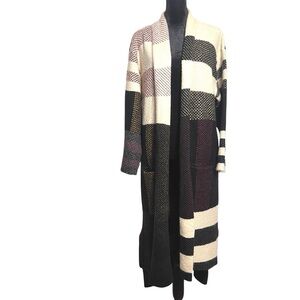 Maxsport Blanket Duster Cardigan Longline Striped Patchwork Plaid Sweater — M